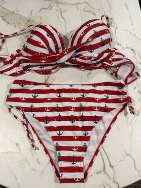 Red & White Striped Anchor Bikini Swim Set
